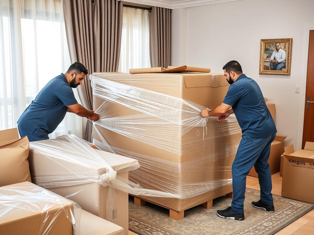 فريق عمل محترف يقوم بتغليف وتجهيز الأثاث للنقل من جدة إلى الأحساء