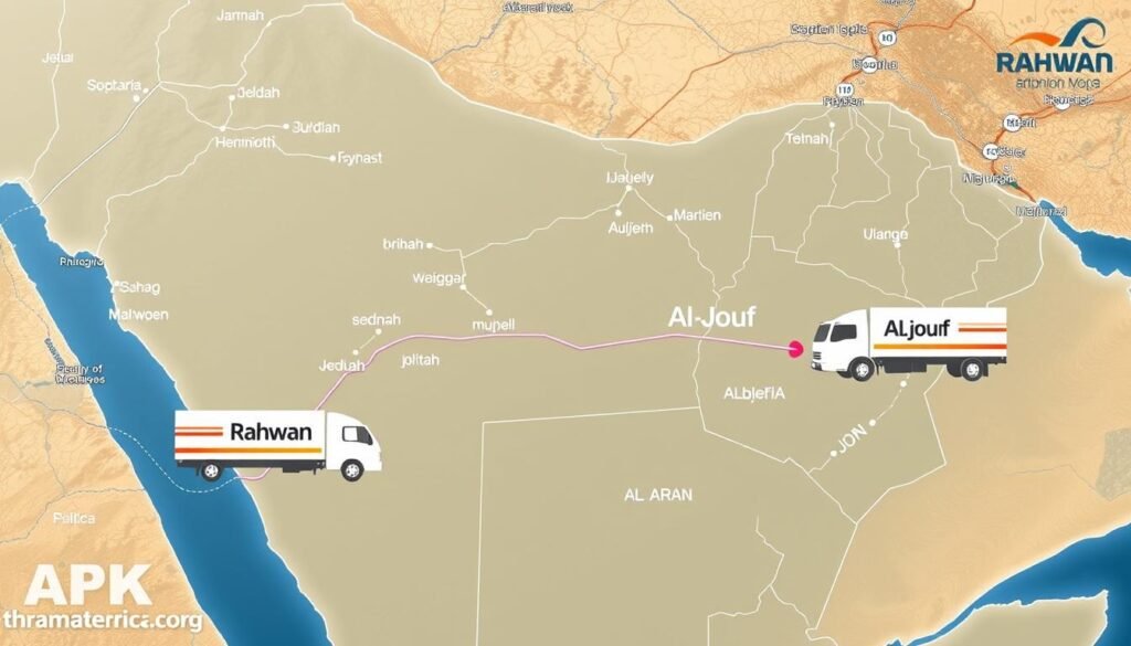 خريطة توضح المسار من جدة إلى الجوف لنقل العفش