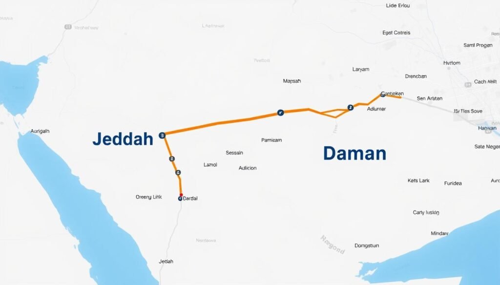 خريطة توضح مسار نقل العفش من جدة إلى الدمام