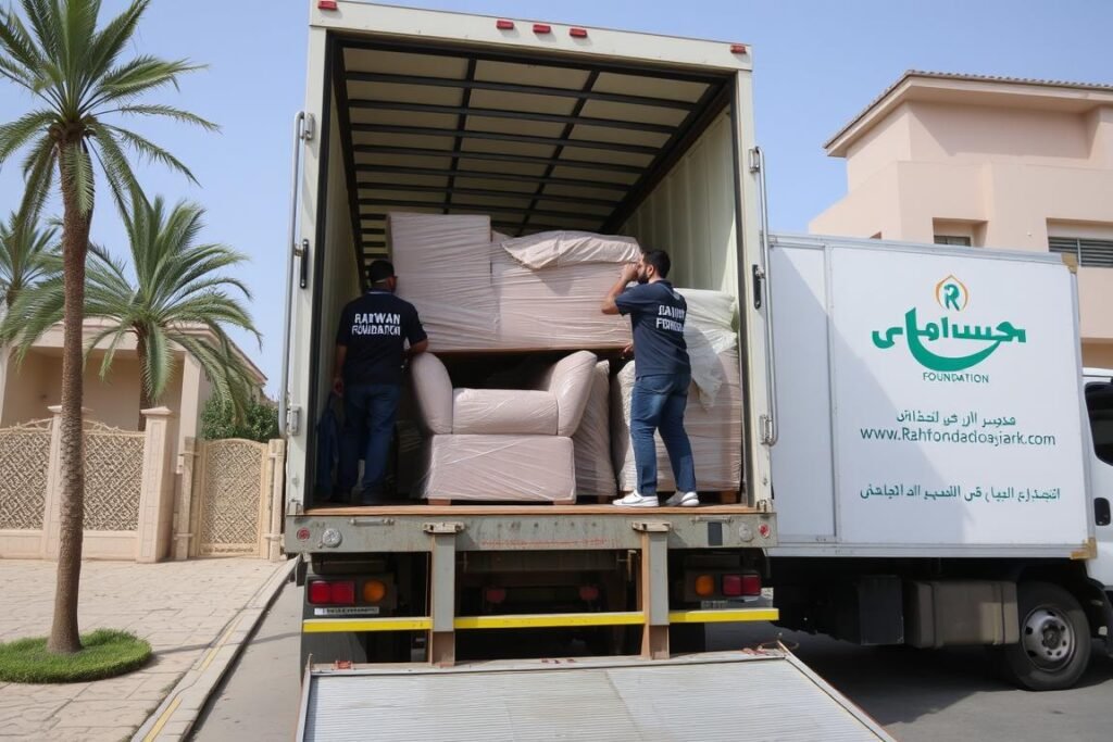 عملية تحميل العفش في شاحنات مؤسسة رهوان لنقله من جدة إلى تبوك