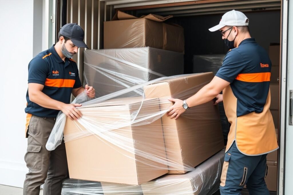 فريق عمل مؤسسة رهوان أثناء تغليف وتحميل الأثاث بعناية فائقة