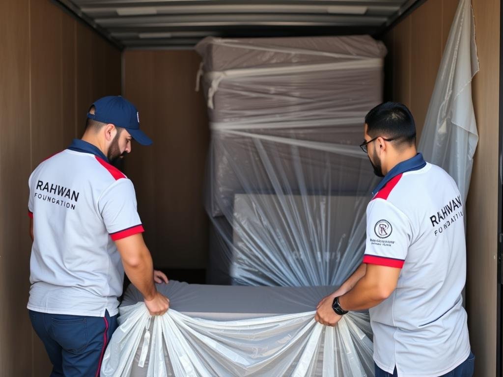 فريق عمل مؤسسة رهوان يقوم بتغليف الأثاث بعناية قبل نقل العفش من جدة إلى المجمعة