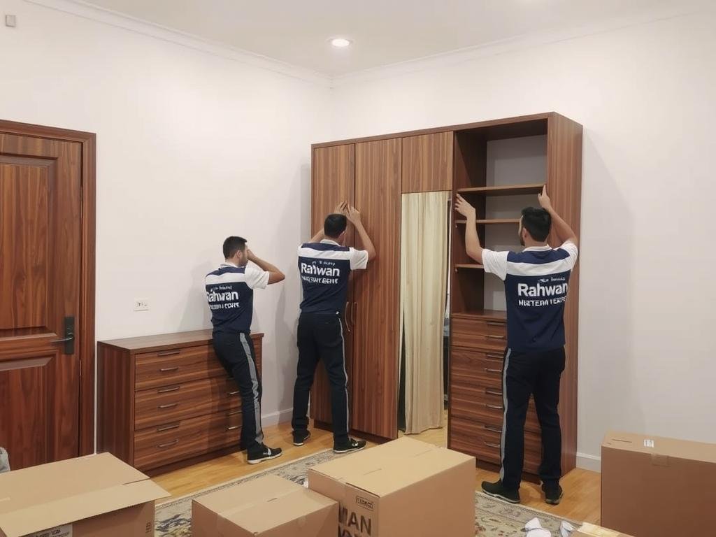 فريق مؤسسة رهوان أثناء تركيب الأثاث في المنزل الجديد بنجران