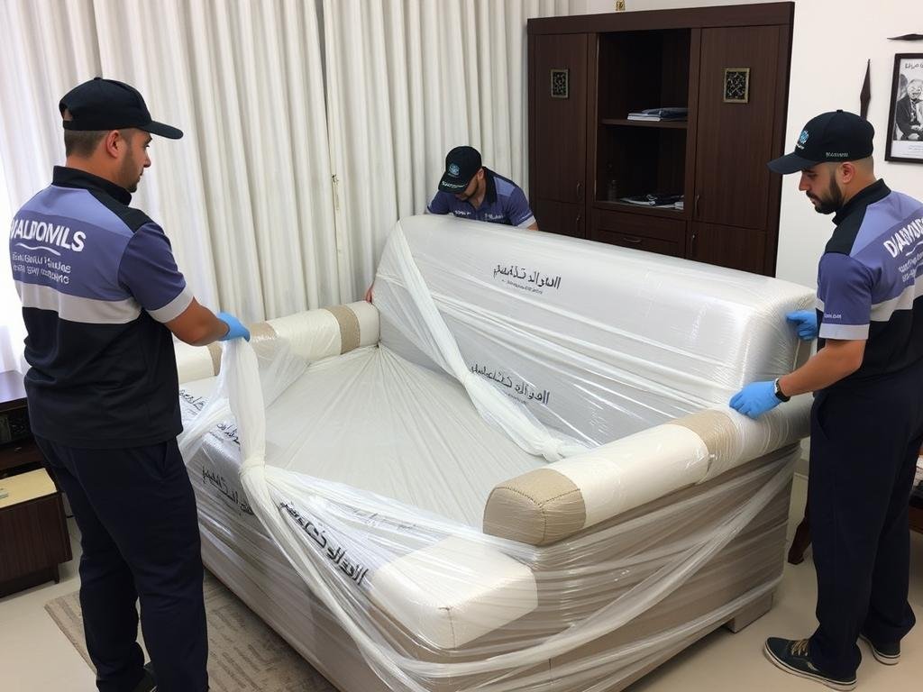 فريق مؤسسة رهوان المحترف أثناء تغليف الأثاث لنقله من جدة إلى الوجه فريق مؤسسة رهوان المحترف أثناء تغليف الأثاث لنقله من جدة إلى الوجه