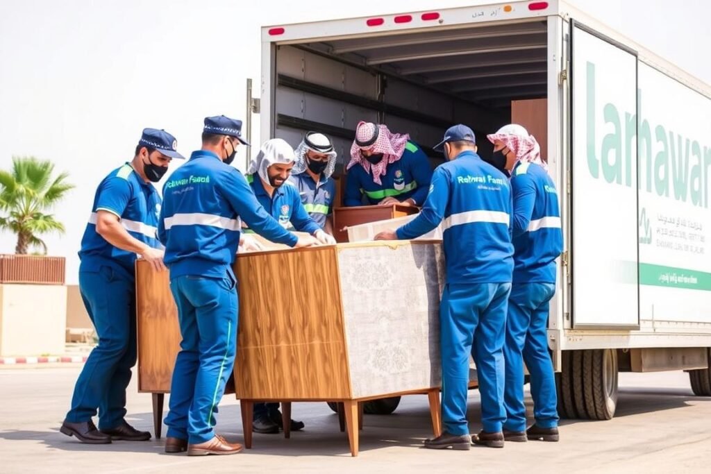 فريق مؤسسة رهوان المحترف أثناء عملية نقل العفش من جدة إلى حائل