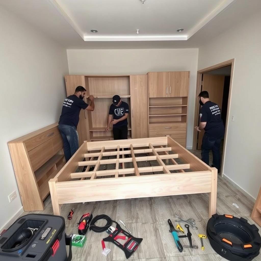 فريق مؤسسة رهوان يقوم بتركيب الأثاث بعد نقل العفش من جدة إلى أبها