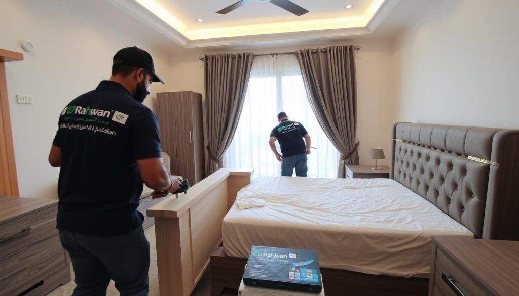 فريق مؤسسة رهوان يقوم بتركيب الأثاث بعد نقل العفش من جدة إلى المجمعة