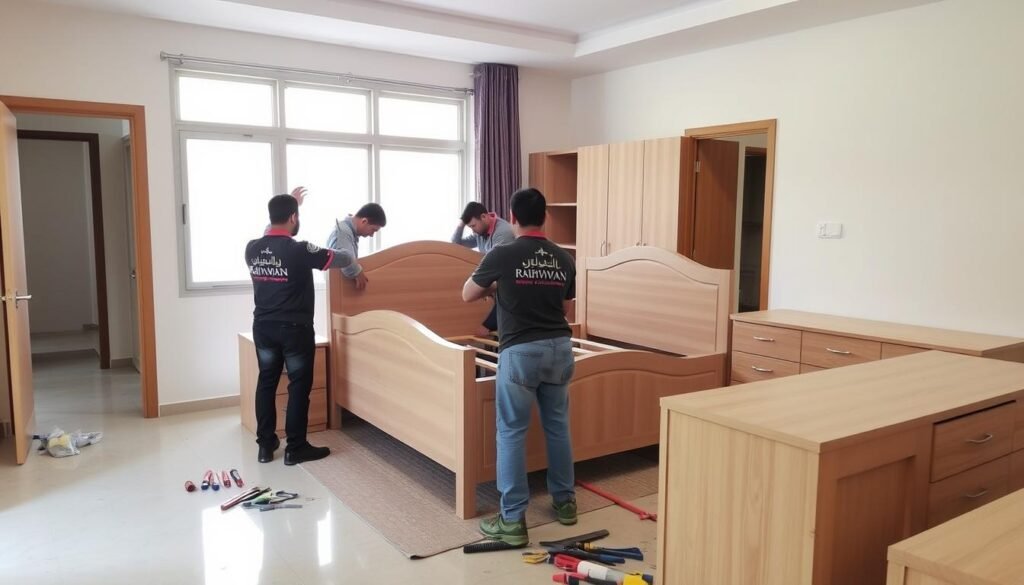 فريق مؤسسة رهوان يقوم بتركيب الأثاث بعد نقل عفش من جدة إلى تبوك