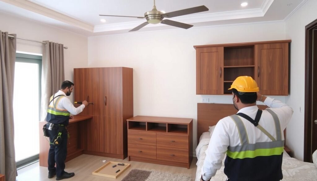 فريق مؤسسة رهوان يقوم بتركيب الأثاث بعد نقله من جدة إلى القصيم