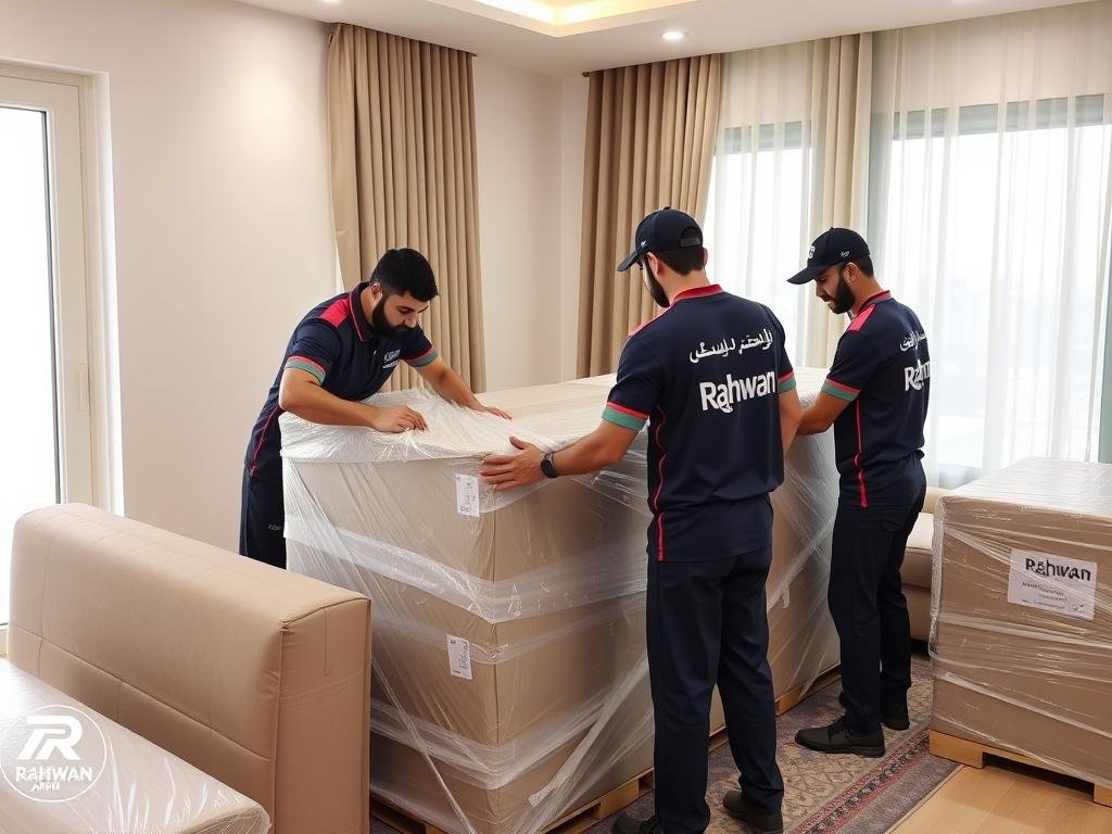 فريق مؤسسة رهوان يقوم بتغليف الأثاث بعناية قبل نقل عفش من جدة إلى تبوك