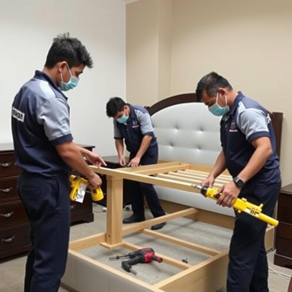 فريق مؤسسة رهوان يقوم بفك الأثاث قبل نقله من جدة إلى الرس