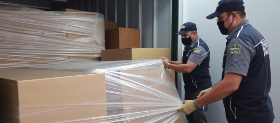 فريق متخصص في نقل عفش من جدة إلى أبها يقوم بتغليف الأثاث بعناية