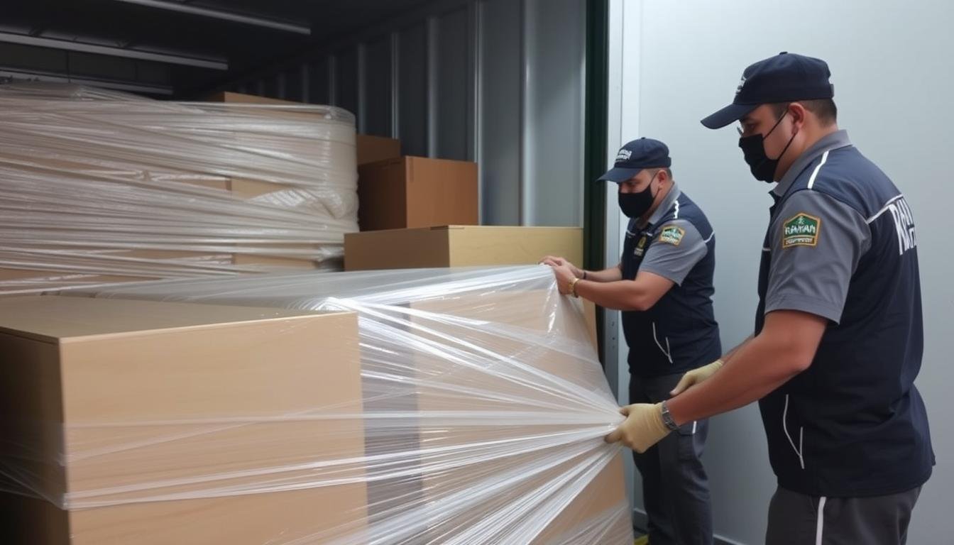 فريق متخصص في نقل عفش من جدة إلى أبها يقوم بتغليف الأثاث بعناية
