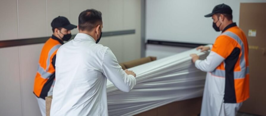 فريق متخصص في نقل عفش من جدة إلى أضم يقوم بتغليف الأثاث بعناية