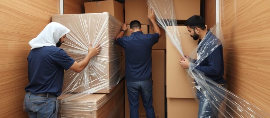 فريق متخصص في نقل عفش من جدة إلى الطريف يقوم بتغليف الأثاث بعناية