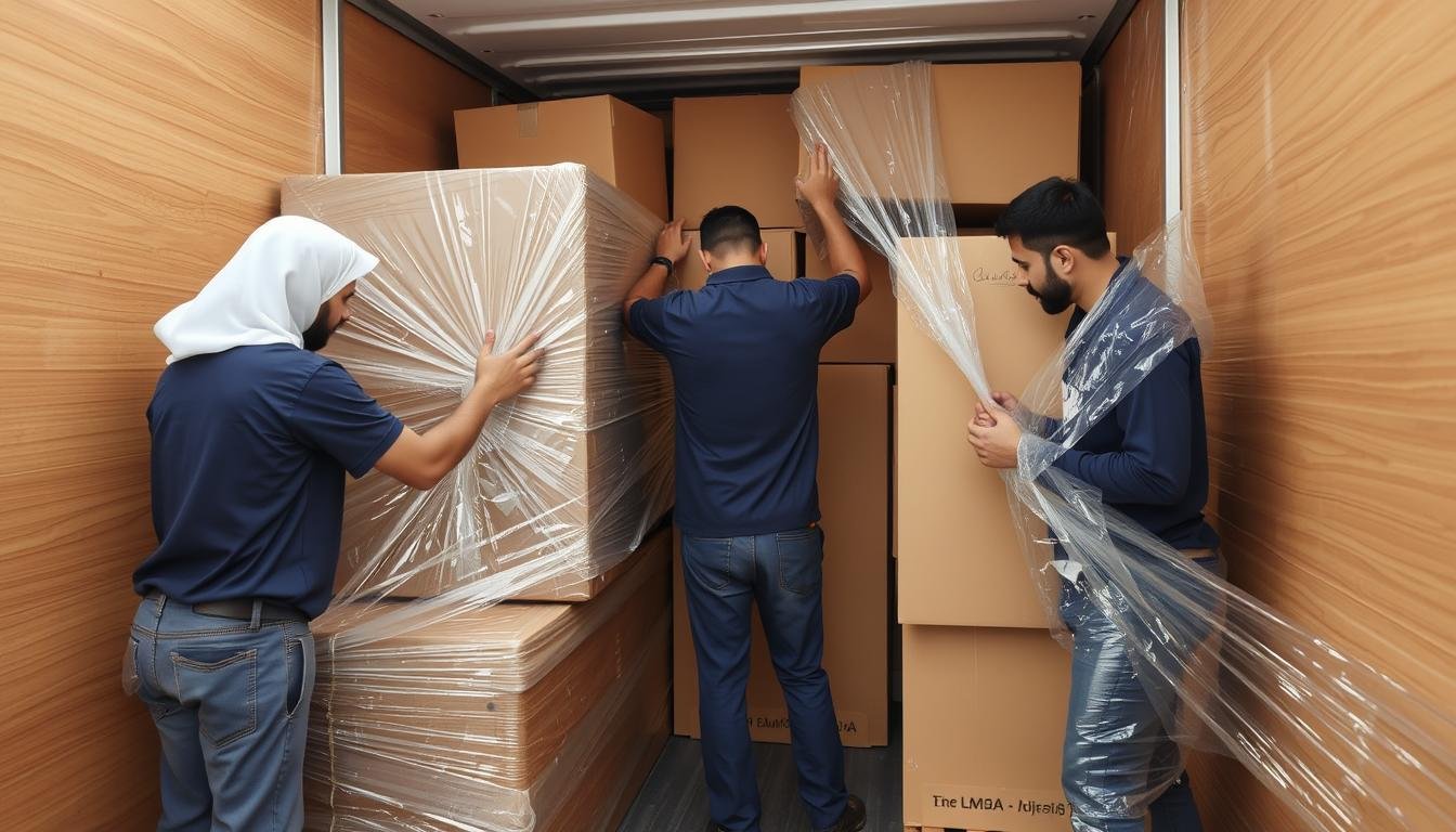 فريق متخصص في نقل عفش من جدة إلى الطريف يقوم بتغليف الأثاث بعناية