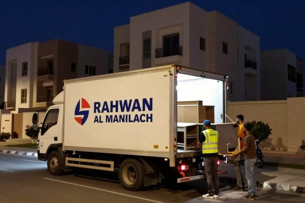 سيارة نقل عفش تابعة لمؤسسة رهوان المملكة في حي النعيم جدة ليلاً سيارة نقل عفش تابعة لمؤسسة رهوان المملكة في حي النعيم جدة ليلاً