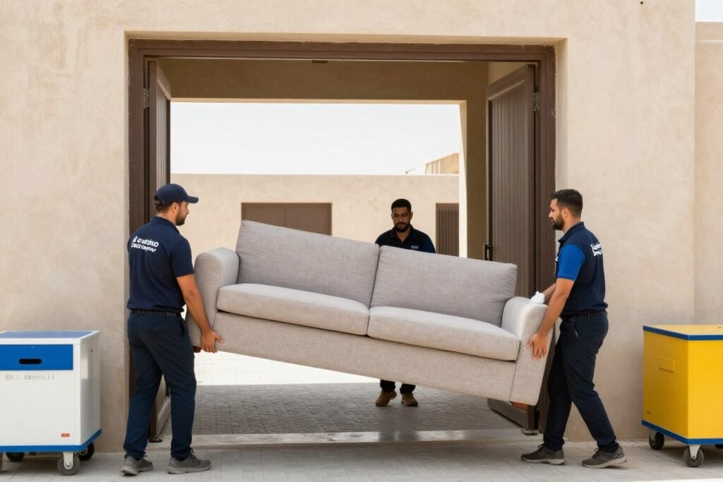 عمال نقل عفش جدة يحملون أثاثاً ثقيلاً بدون عناء