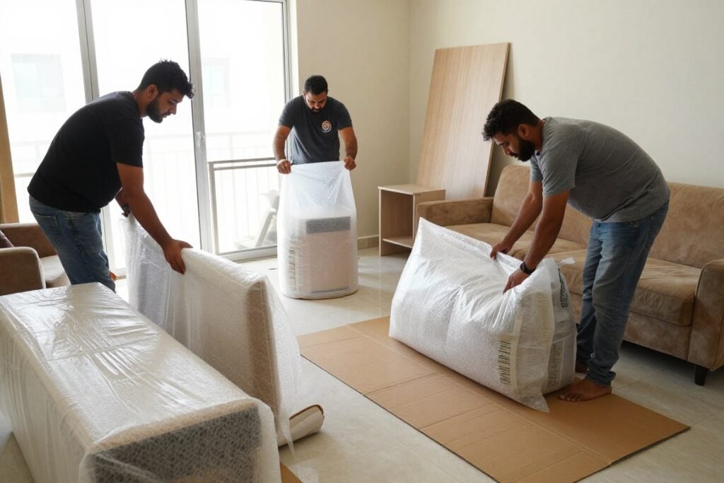 عمال نقل عفش حي السامر جدة يقومون بتغليف الأثاث بعناية