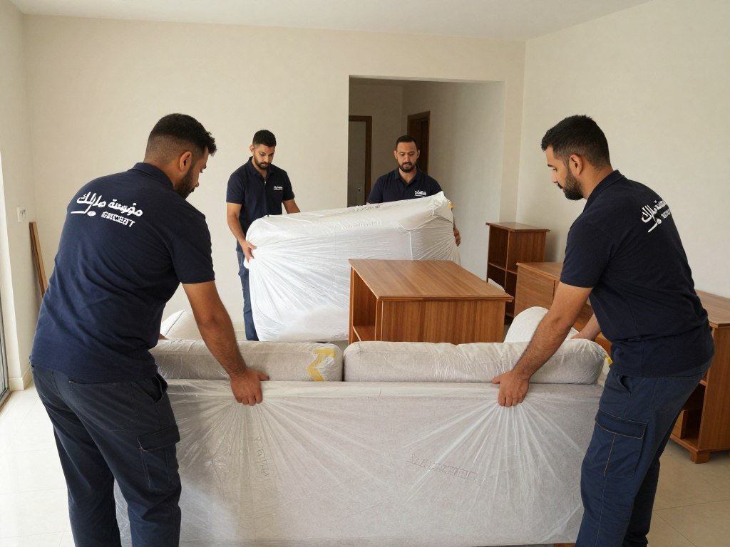 فريق عمل مؤسسة مالك يقوم بتغليف وتحميل الأثاث بعناية