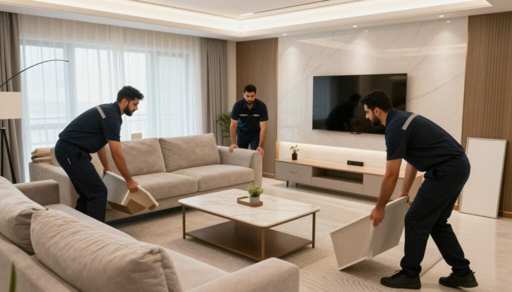 فريق نقل عفش حي البوادي جدة يقوم بترتيب الأثاث في المنزل الجديد