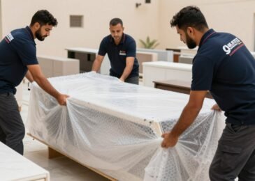 فريق نقل عفش حي الشاطئ جدة يقوم بتغليف الأثاث بعناية