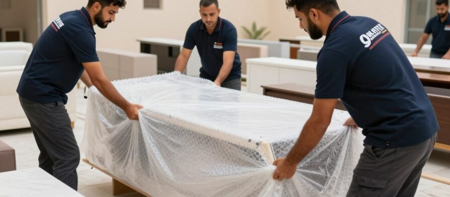 فريق نقل عفش حي الشاطئ جدة يقوم بتغليف الأثاث بعناية