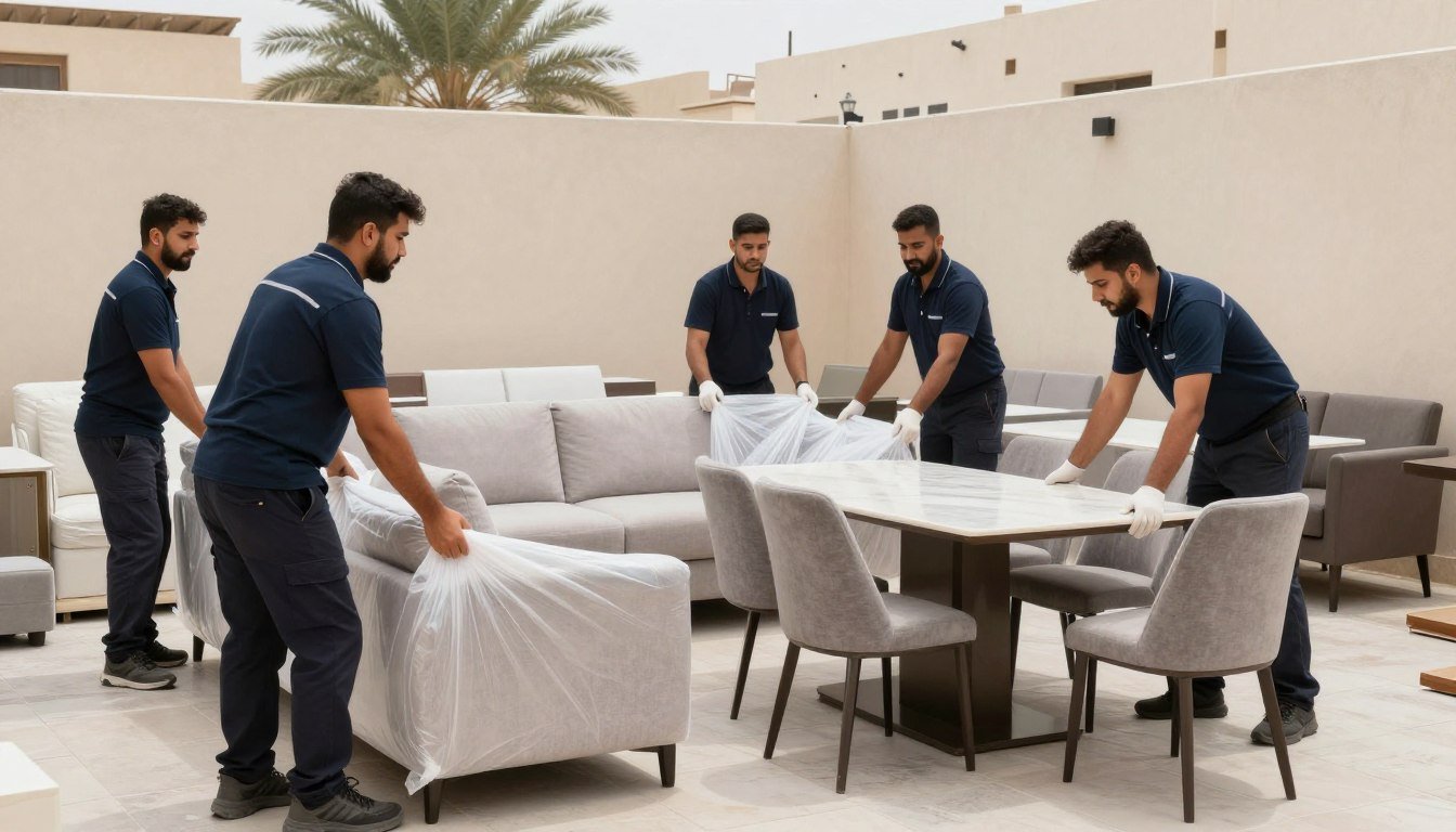 فريق نقل عفش حي النسيم جدة يقوم بتغليف ونقل الأثاث بعناية