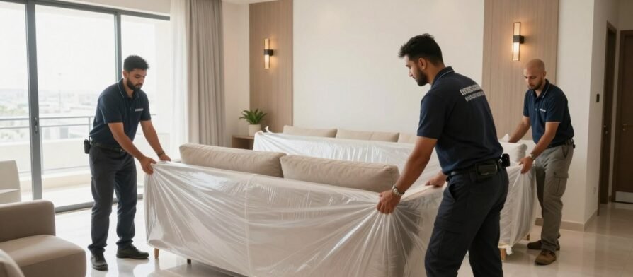 فريق نقل عفش حي مشرفة جدة يقوم بتغليف الأثاث بعناية