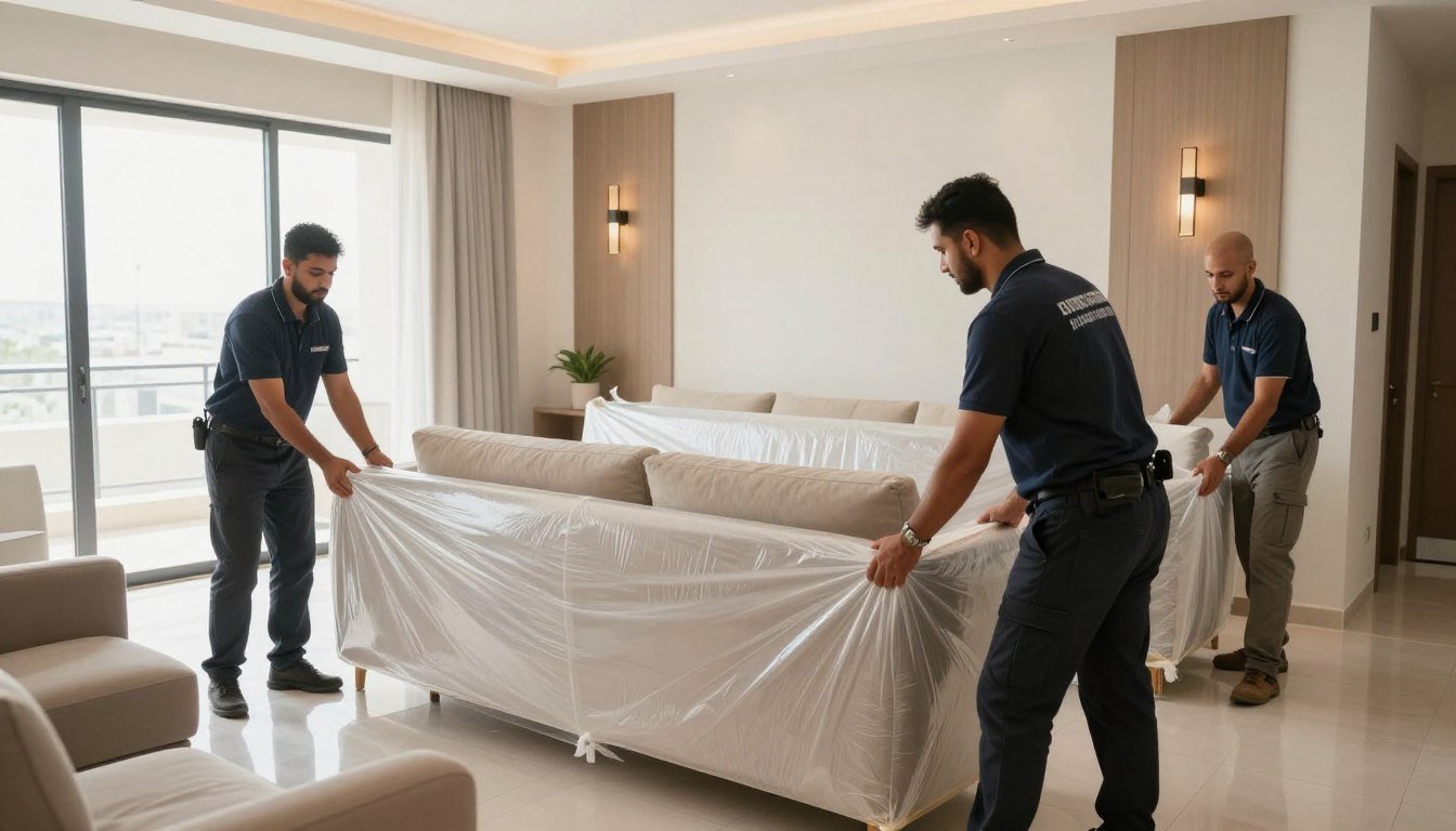 فريق نقل عفش حي مشرفة جدة يقوم بتغليف الأثاث بعناية