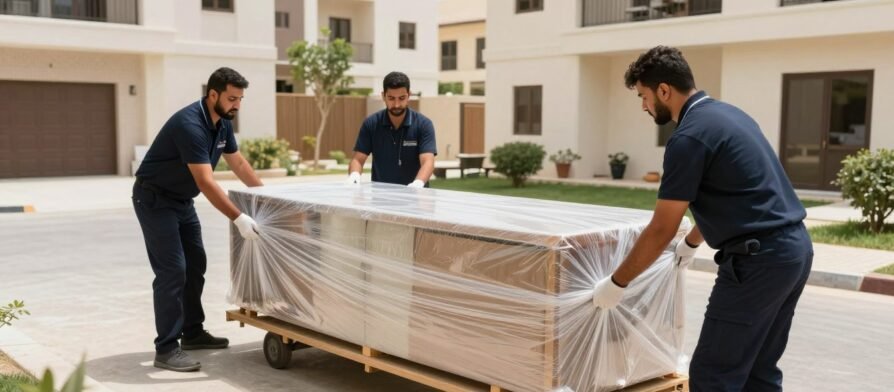 فريق نقل عفش محترف في حي الحمدانية جدة يقوم بتغليف الأثاث