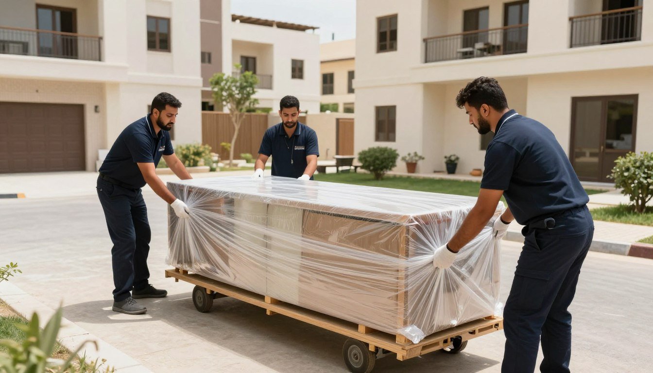 فريق نقل عفش محترف في حي الحمدانية جدة يقوم بتغليف الأثاث