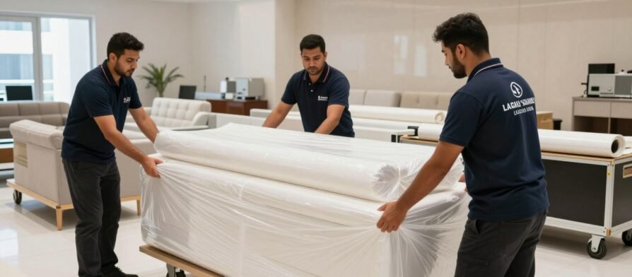 فريق نقل عفش محترف في حي المرجان جدة يقوم بتغليف الأثاث