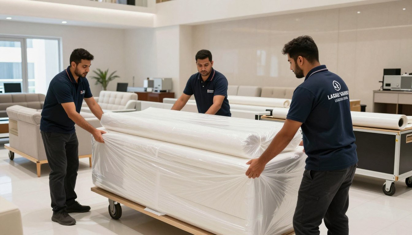 فريق نقل عفش محترف في حي المرجان جدة يقوم بتغليف الأثاث