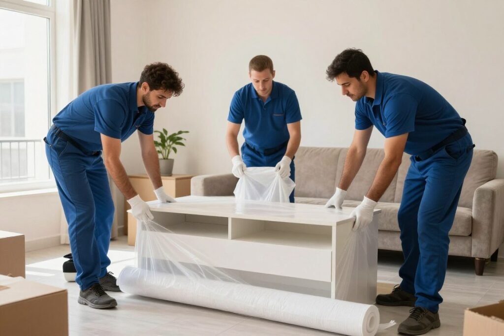 فريق يقوم بتغليف الأثاث في نقل عفش حي المروة جدة